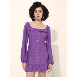 Freehand by The Indian Garage Co Women Self Design Puff Sleeves Schiflli Sheath Dress-picture-18