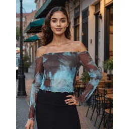 Freehand by The Indian Garage Co Women Tie and Dye Printed Off-Shoulder Bardot Crop Top-picture-20