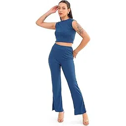 freehand Women Blue Fit and Flared Solid Crop Top and Trouser Co-Ords Set (Blue_XL)-picture-26