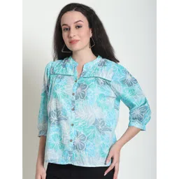 Frempy Floral Print Mandarin Collar Organic Cotton Shirt Style Top image 2