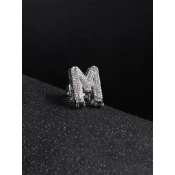 French Accent Men Silver-Plated Stone Studded M Alphabet Ring-image-10