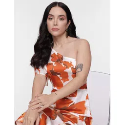 French Connection Floral Printed One Shoulder Flared Sleeves A-Line Midi Dress-picture-14