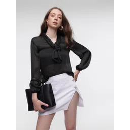 French Connection Tie-Up Neck Puff Sleeve Sheer Top-picture-27