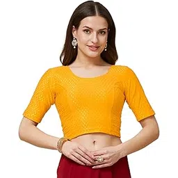 fressia fabrics Round Neck Pure Dobby Cotton Lycra Stretchable Elbow Sleeve Readymade Saree Blouse for Women Stylish-picture-20