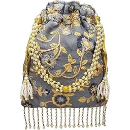 fringes Grey Potli Bag with Pearl Handle-picture-51