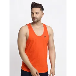 Friskers Men Orange Solid Pure Cotton Drop Cut Casual Gym Vest-image-42