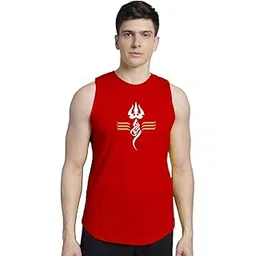 friskers Men SHIVAY Printed Cotton Sleeveless T-Shirt, Gym Vest (Red)-picture-12