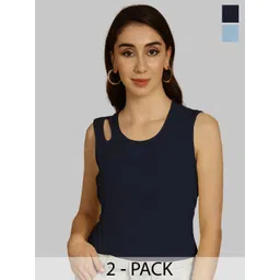 Friskers Navy Blue & Turquoise Blue Keyhole Neck Cotton Sleeveless Top-picture-40