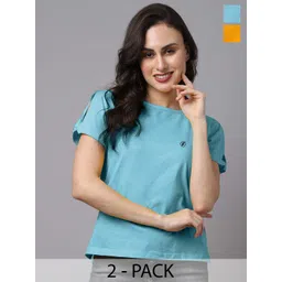 Friskers Pack Of 2 Slit Sleeves Round Neck Pure Cotton Top-picture-16