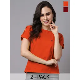 Friskers Pack of 2 Slit Sleeves Round Neck Solid Cotton Casual Tops-picture-39