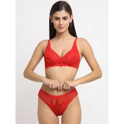 Friskers Women Red Self Design Lace Lingerie Set-picture-13