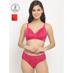 Friskers Women Set of 2 Pink & Red Non padded Lingerie set-picture-25