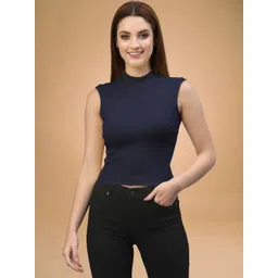 Friskers Women Solid Ribbed Sleeveless High Neck Crop Fitted Top-picture-37