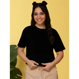 friskers Women Solid Round Neck Pure Cotton Black T-Shirt-picture-11