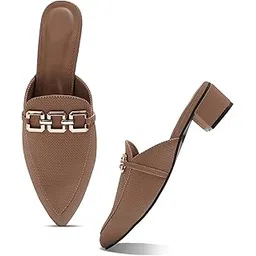 Froh Feet Womens Chunky Heel Mules Closed Pointed-Toe with Embllished Gold Chain Detail Heeled Slip on Clogs Casual Backless Loafers Shoes for Office Party & Cassual-picture-14