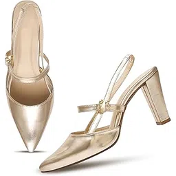 Froh Feet Women's Elegant Black Slingback Pumps with Pointed Toe, Gold Embellished Straps, and Block Heel – Sophisticated Heeled Shoes for Office-picture-42