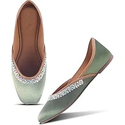 FROH FEET Women’s Embellished Square Toe Juttis Mojaris Elegant Slip-On Flat Shoes with Embellished Stone Work-picture-28