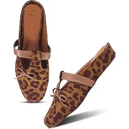 FROH FEET Women’s Leopard Print Mules | Comfortable Slip-On Wedges Shoes with Bow & Strap-picture-38