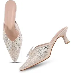 FROH FEET Women's Rhinestone Bow Glitter Kitten Heel Mules Closed Pointed Toe Fashion Backless Slip On Sparkly Stiletto Heeled Sandals for Wedding Bridal Party Dress-picture-16