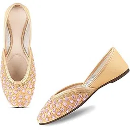Froh Feet Women's Rhinestone Flats Fashion Round Toe Embllished Pearl Diamond Punjabi Jutti Mojari Low Heel Dress Ethnic Wedding Flats-picture-14