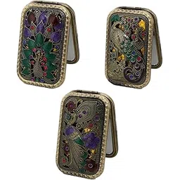 FS COOL Antique Compact Mirror, Magnification & Clear Reflection, Travel Purse Makeup Mirror With Luxury Vintage Peocack Design, Durable & Double-sided Folding Pocket Mirror (Random Pattern, Set of 3)-image-30