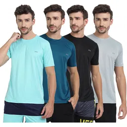 ftx Pack of 4 Men Solid Round Neck Polyester Silver, Light Blue, Blue, Black T-Shirt-picture-16