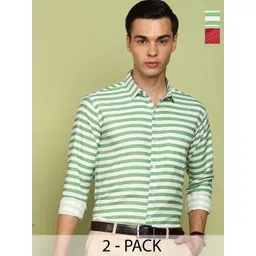 FUBAR Pack Of 2 Horizontal Stripes Striped Spread Collar Casual Shirts-picture-37