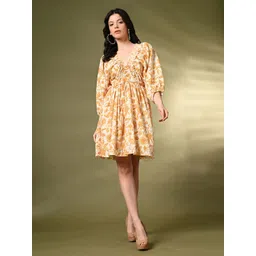 Fuchsia Floral Printed V-Neck Puff Sleeve Fit & Flare Mini Dress-picture-33