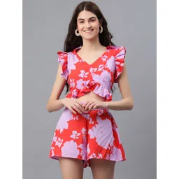 fuchsia PRETTY LOVING THING Floral Printed V Neck Crop Top With Shorts Co-Ords-picture-15