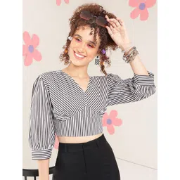fuchsia PRETTY LOVING THING Vertical Stripes Puff Sleeves V-Neck Cotton Wrap Crop Top-picture-21