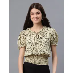 fuchsia PRETTY LOVING THING Women Cream & Black Geometric Printed Tie-Up Neck Top-picture-24