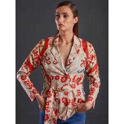 FUGA Floral Embroidered Lapel Collar Cotton Tailored Jacket With Belt-picture-29