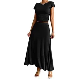 fulaida Women's Slim Solid Color Short-Sleeved Top & Long Skirt Set – Formal Cocktail Wear for Spring & Summer-picture-12