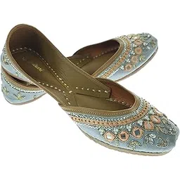 fulkari Women Nemesia Grey Silver Mirror Genuine Soft Leather Embroidered Jutis | Bite and Pinch Free Jutti | Punjabi Formal Juttis | Girl's Wedding Flat Ladies Mojari | Formal Ethnic Juti |-picture-11