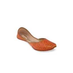 Fulkari Women Orange Textured Leather Mojaris-picture-23