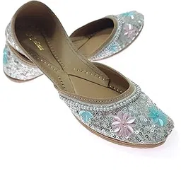 fulkari Women's Flake Sequins Genuine Soft Leather Embroidered Jutis | Bite and Pinch Free Jutti | Punjabi Formal Juttis | Girl's Wedding Flat Ladies Mojari | Formal Ethnic Juti |-picture-23