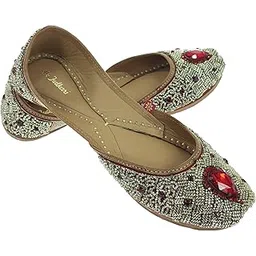 fulkari Women's Ruby Stone Genuine Soft Leather Embroidered Jutis | Bite and Pinch Free Jutti | Punjabi Formal Juttis | Girl's Wedding Flat Ladies Mojari | Formal Ethnic Juti |-picture-37
