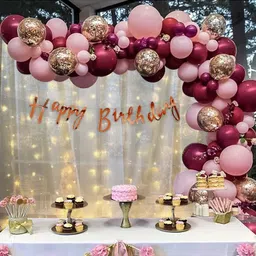 fun and flex Pink and Maroon Birthday Decoration Kit with White net curtain & Fairy Light-picture-16