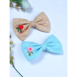 FUNKRAFTS Girls Set of 2 Linen Embroidered Bow Alligator Hair Clip-picture-11
