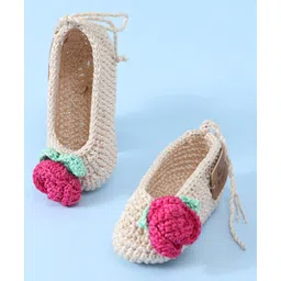 Funkrafts Handmade Crochet Designed Floral Applique Detailed Booties - Beige & Pink image 1