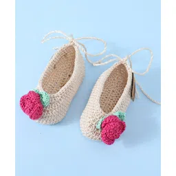 Funkrafts Handmade Crochet Designed Floral Applique Detailed Booties - Beige & Pink image 4