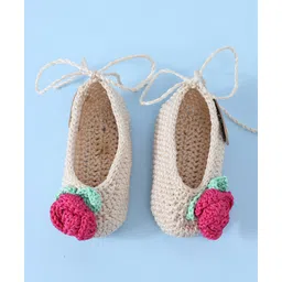 Funkrafts Handmade Crochet Designed Floral Applique Detailed Booties - Beige & Pink image 5
