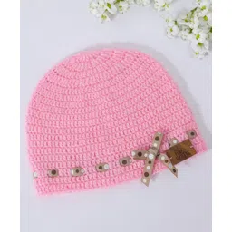 Funkrafts Handmade Woollen Polka Dots Detailed Bow Designed Beanie Cap - Pink-picture-23