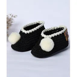 Funkrafts Knit Handmade Crochet Designed & Pom Pom Embellished Booties - Black-picture-18