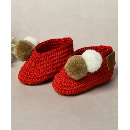 Funkrafts Knit Handmade Crochet Designed & Pom Pom Embellished Booties - Red-picture-17