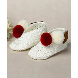 Funkrafts Knit Handmade Crochet Designed & Pom Pom Embellished Booties - White & Red-picture-20