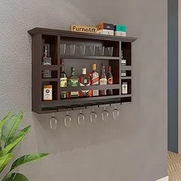 Furnelift Wooden Wall Mounted Chessy Wine Rack Bar Cabinet for Home - 8 Bottle and Upside Down Glass Storage - Elegent Wooden Bar for Home Wine Collection (Walnut Finish)-picture-32