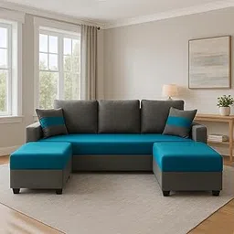 FURNY Aura 3 Seater Modular Fabric Sofa Set with 2 Ottomans (Aqua Blue-Dark Grey) | 5-Person Seating with Premium Velvet Finish | | Ideal for Living Room-picture-12