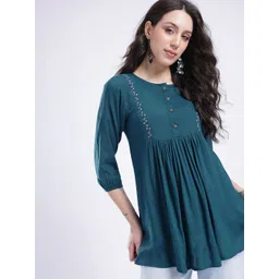 fusion by glitchez Floral Embroidered Pleated Detailed A-Line Kurti-picture-15