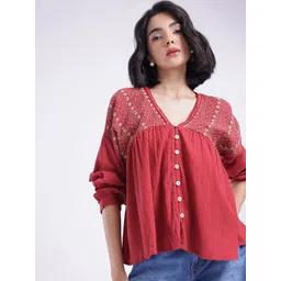 fusion by glitchez Floral Embroidered Puff Sleeve Cotton Top-picture-24